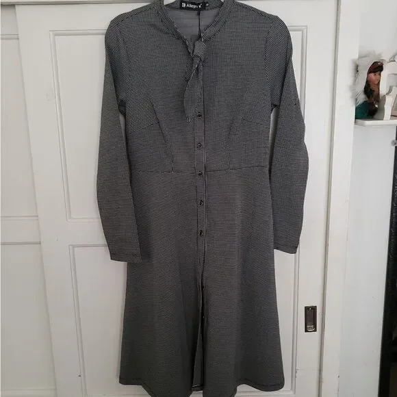 Allegra K Women's Tie Neck Button Up Work Office Plaid Houndstooth Midi Dress  - Picture 4 of 7